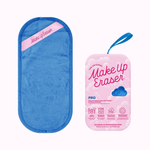Makeup Eraser with blue cleaning pad and pink packaging on a white background