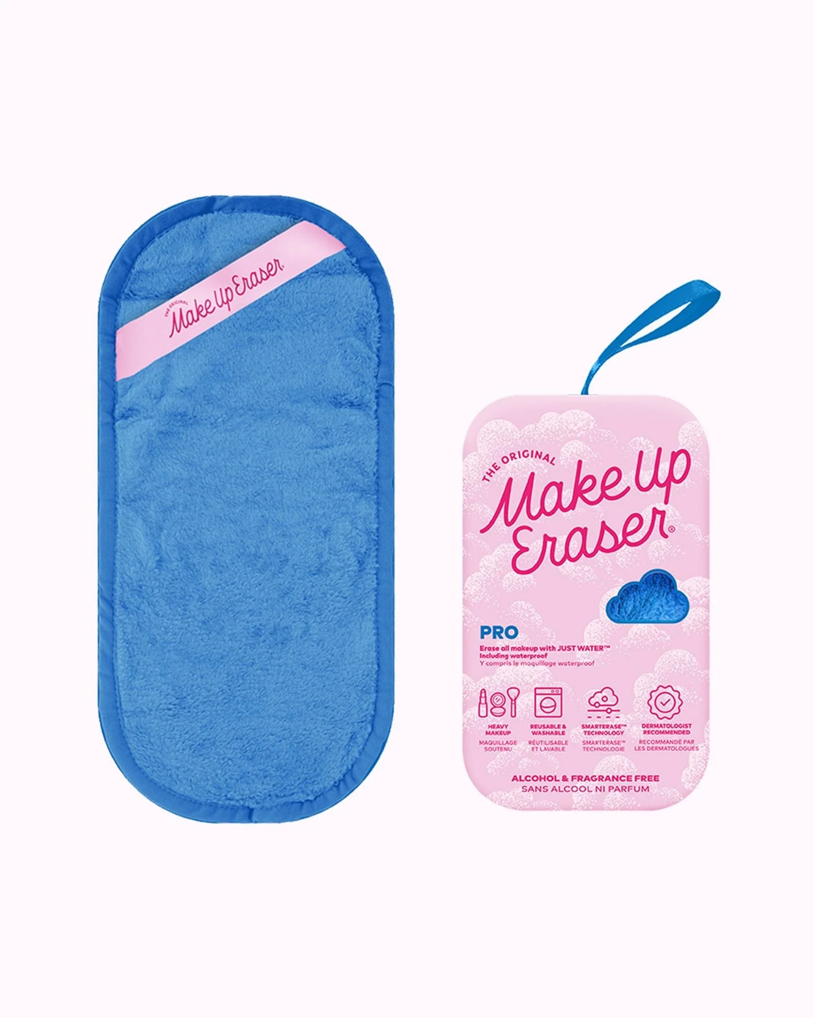 Makeup Eraser with blue cleaning pad and pink packaging on a white background