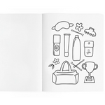 Illustrations of a handbag, bottles, flowers, and other items on a white background