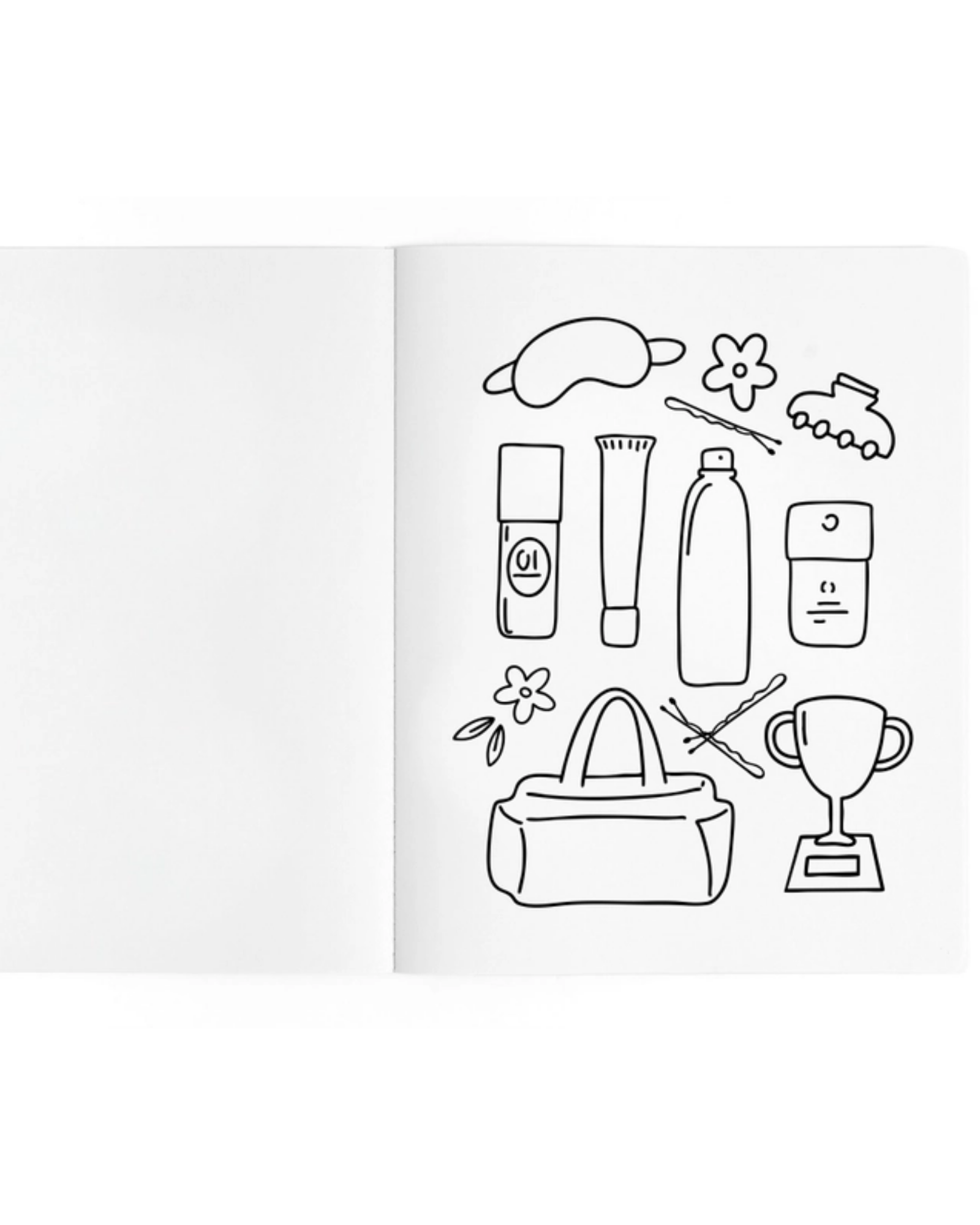 Illustrations of a handbag, bottles, flowers, and other items on a white background