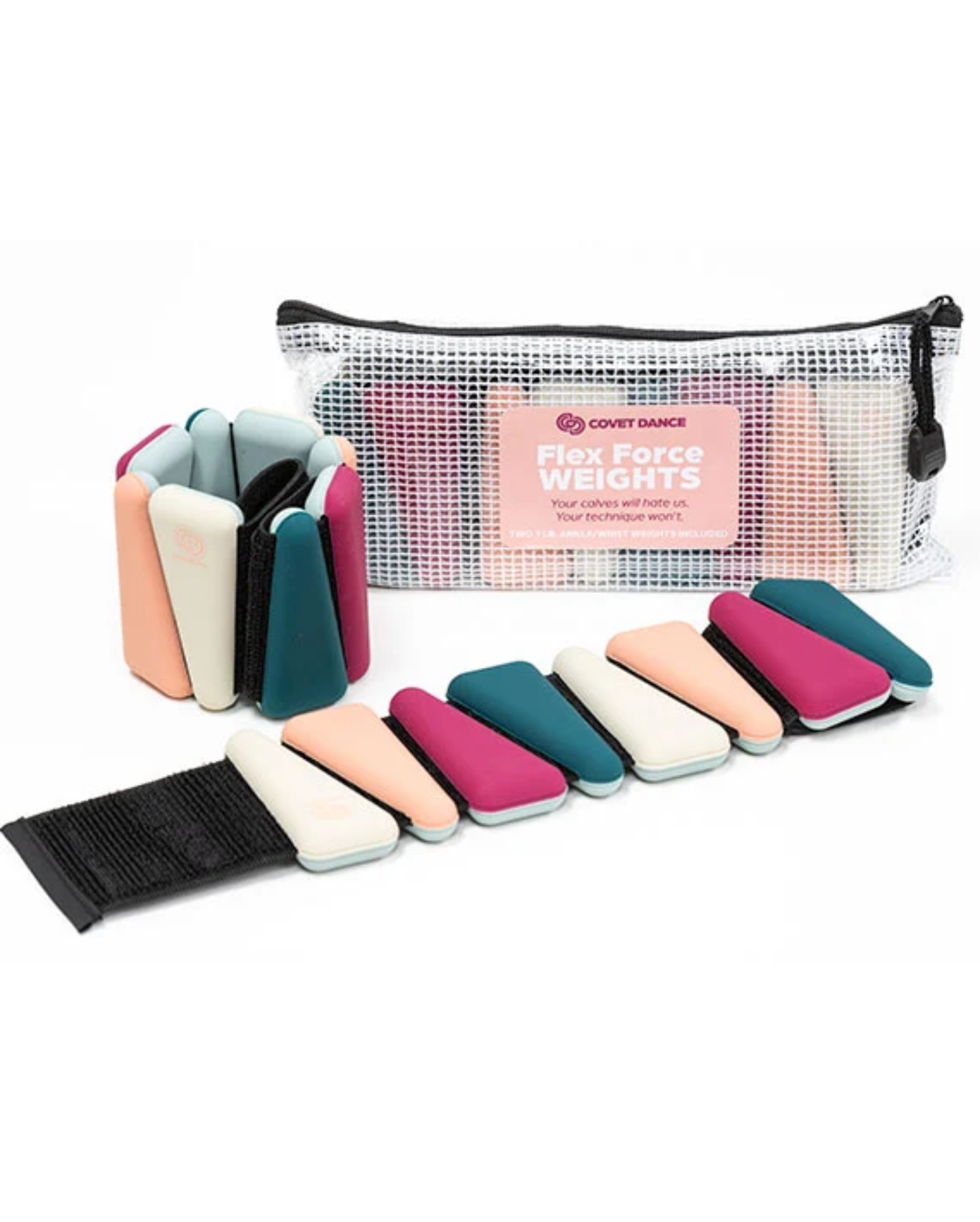 Set of colorful flex force weights with a carrying case on a white background