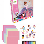 Coloring book set with illustrations of a ballerina and colorful paper sheets on a white background.