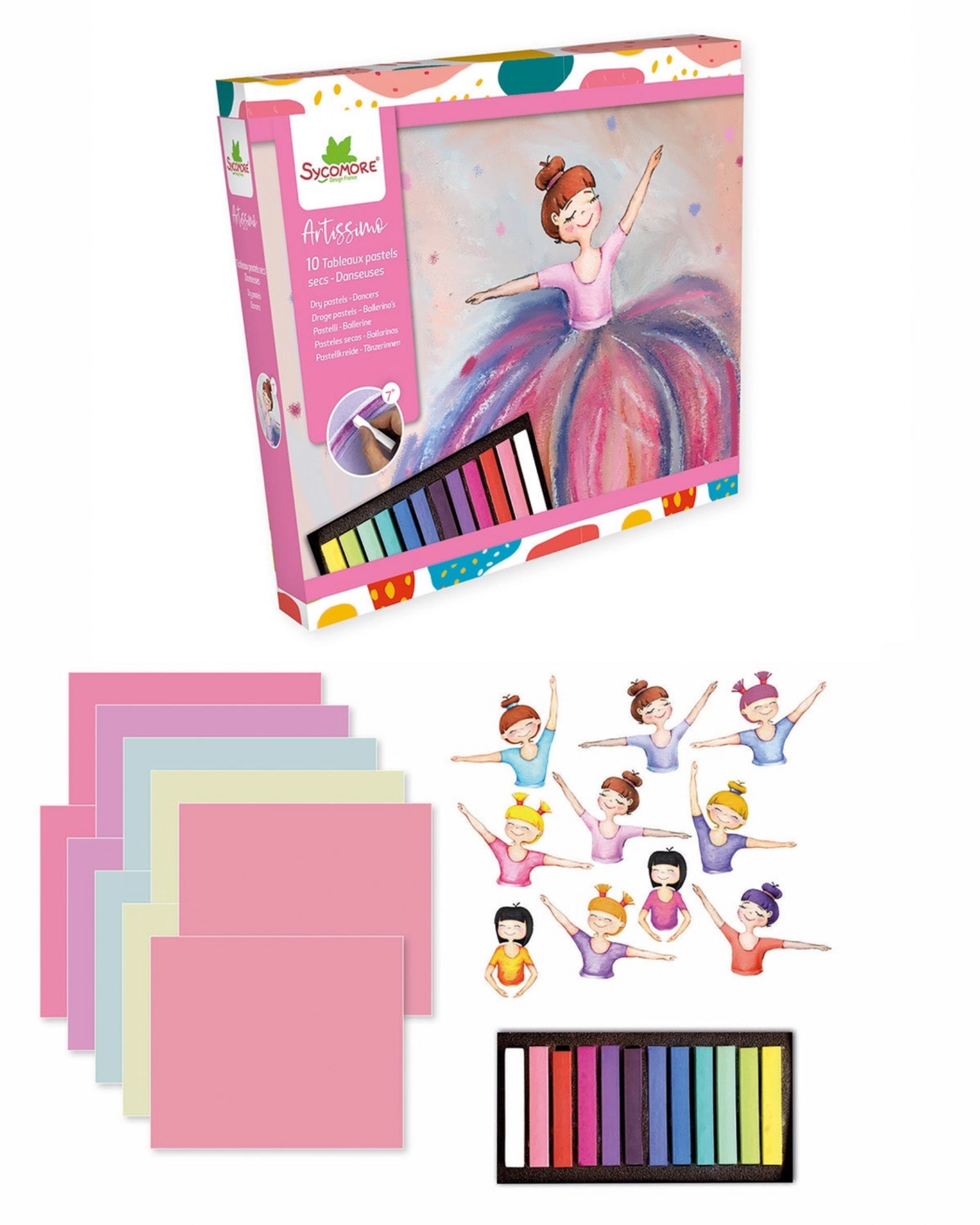 Coloring book set with illustrations of a ballerina and colorful paper sheets on a white background.