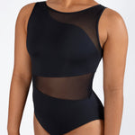 Black sheer leotard worn by a model on a white background