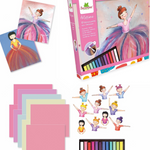 A ballet-themed art and craft kit shown on a white background, including a pink illustrated box, a set of pastel chalk sticks, several colored paper sheets, and small printed ballerina illustrations.