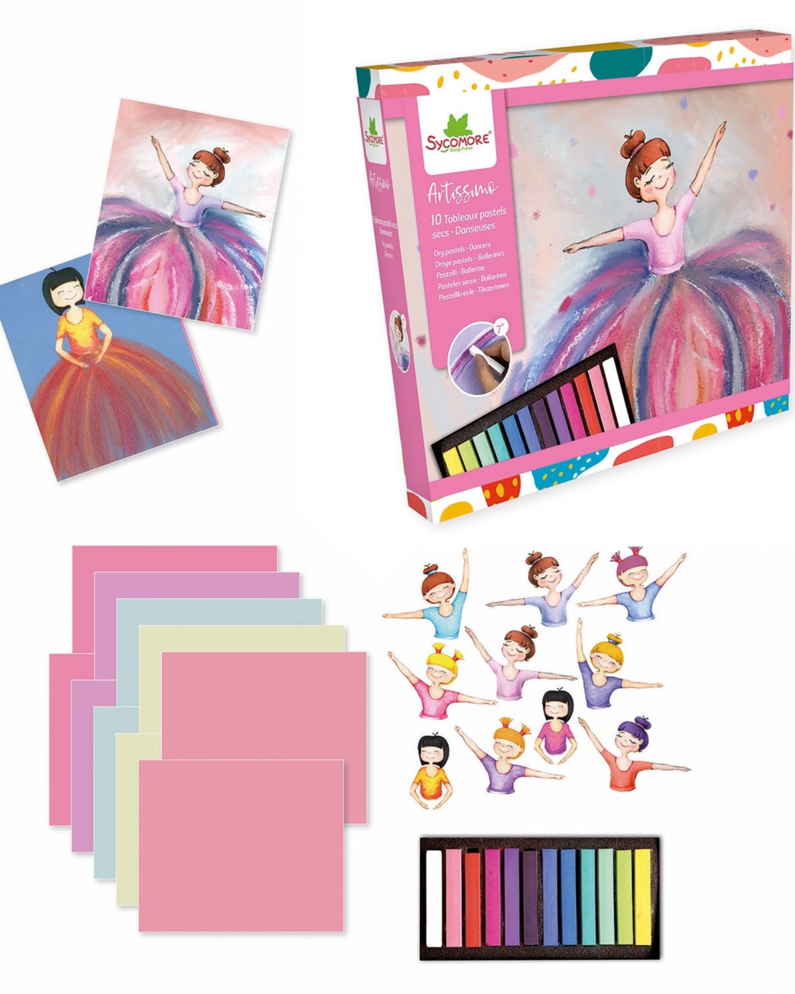 A ballet-themed art and craft kit shown on a white background, including a pink illustrated box, a set of pastel chalk sticks, several colored paper sheets, and small printed ballerina illustrations.