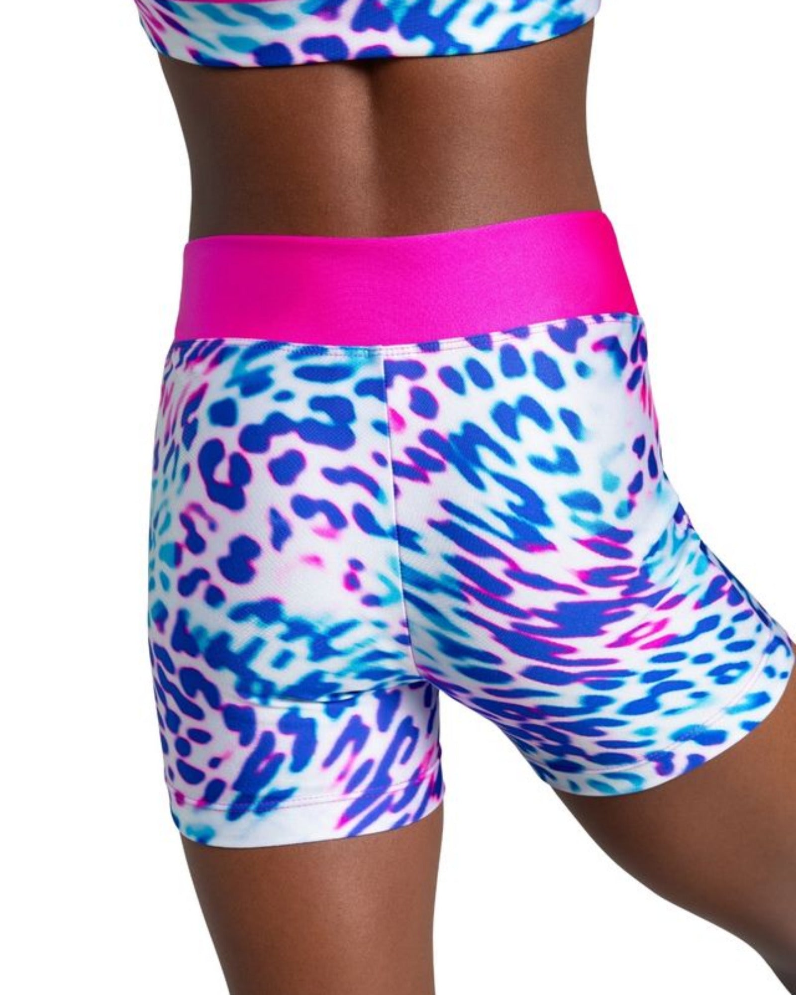 Multicolored animal print shorts with pink waistband on a white background