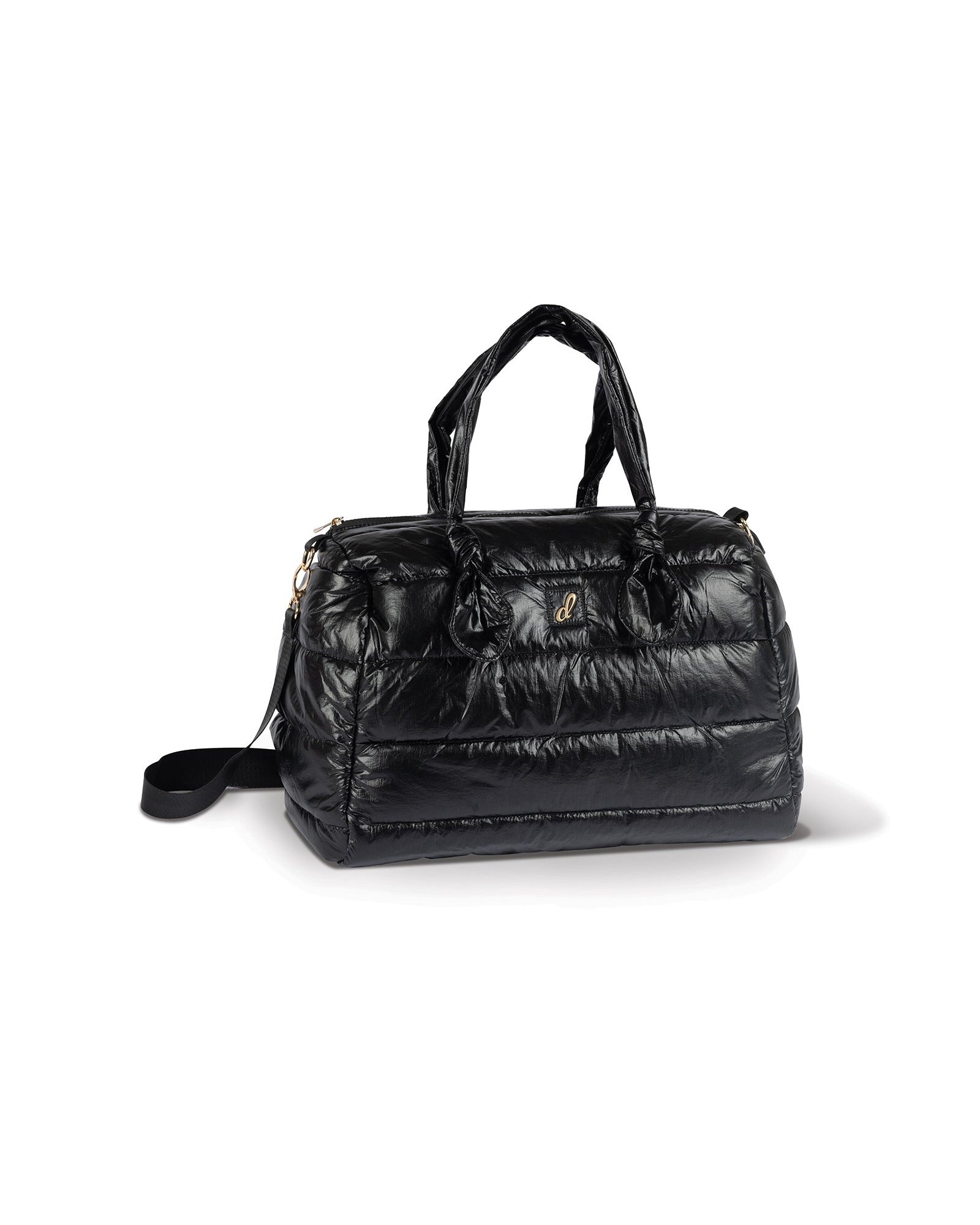 Black duffel on a white background