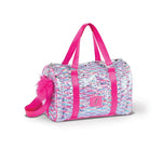 Multicolored duffel bag with pink straps and a fluffy pom-pom on a white background