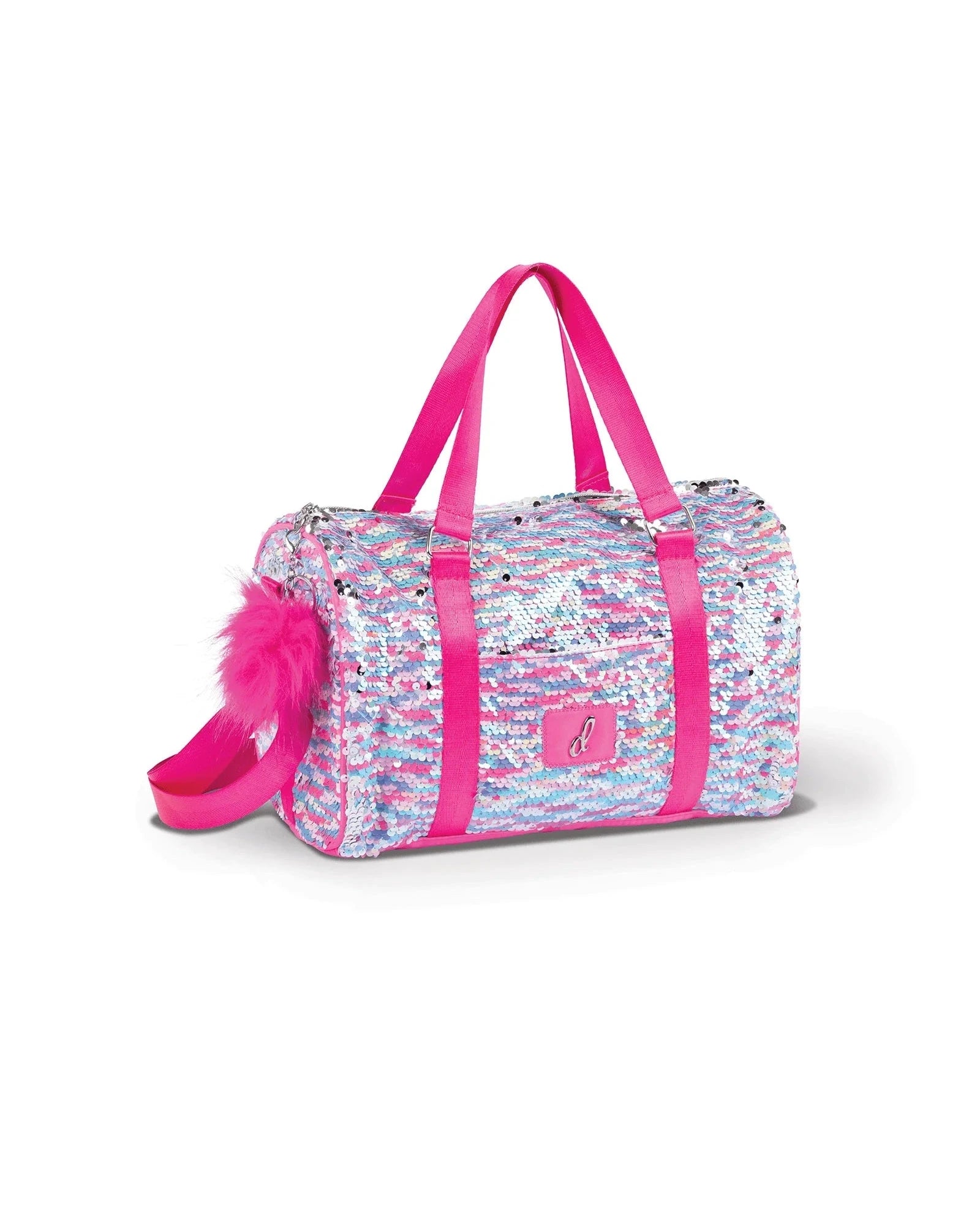 Multicolored duffel bag with pink straps and a fluffy pom-pom on a white background