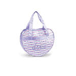 A small heart-shaped purple bag with iridescent sequins and the word 'dance' written in script on the front, set against a plain white background.