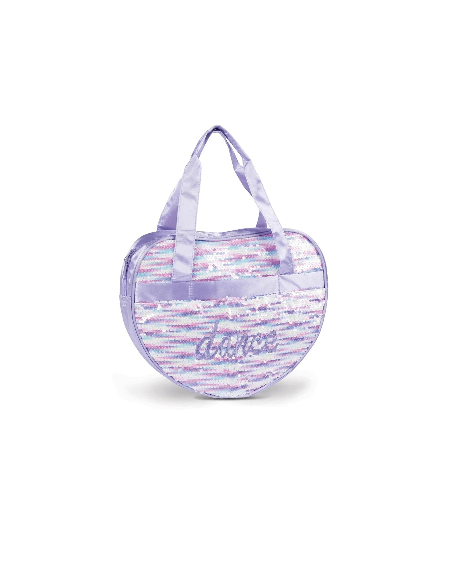A small heart-shaped purple bag with iridescent sequins and the word 'dance' written in script on the front, set against a plain white background.