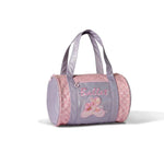 A lavender and pink checkered ballet-themed duffel bag with 'Ballerina' embroidered in pink script and a ballet shoe applique, set against a plain white background.