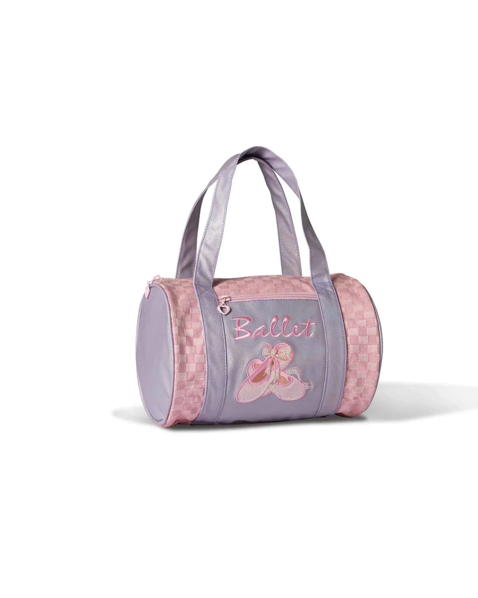 A lavender and pink checkered ballet-themed duffel bag with 'Ballerina' embroidered in pink script and a ballet shoe applique, set against a plain white background.