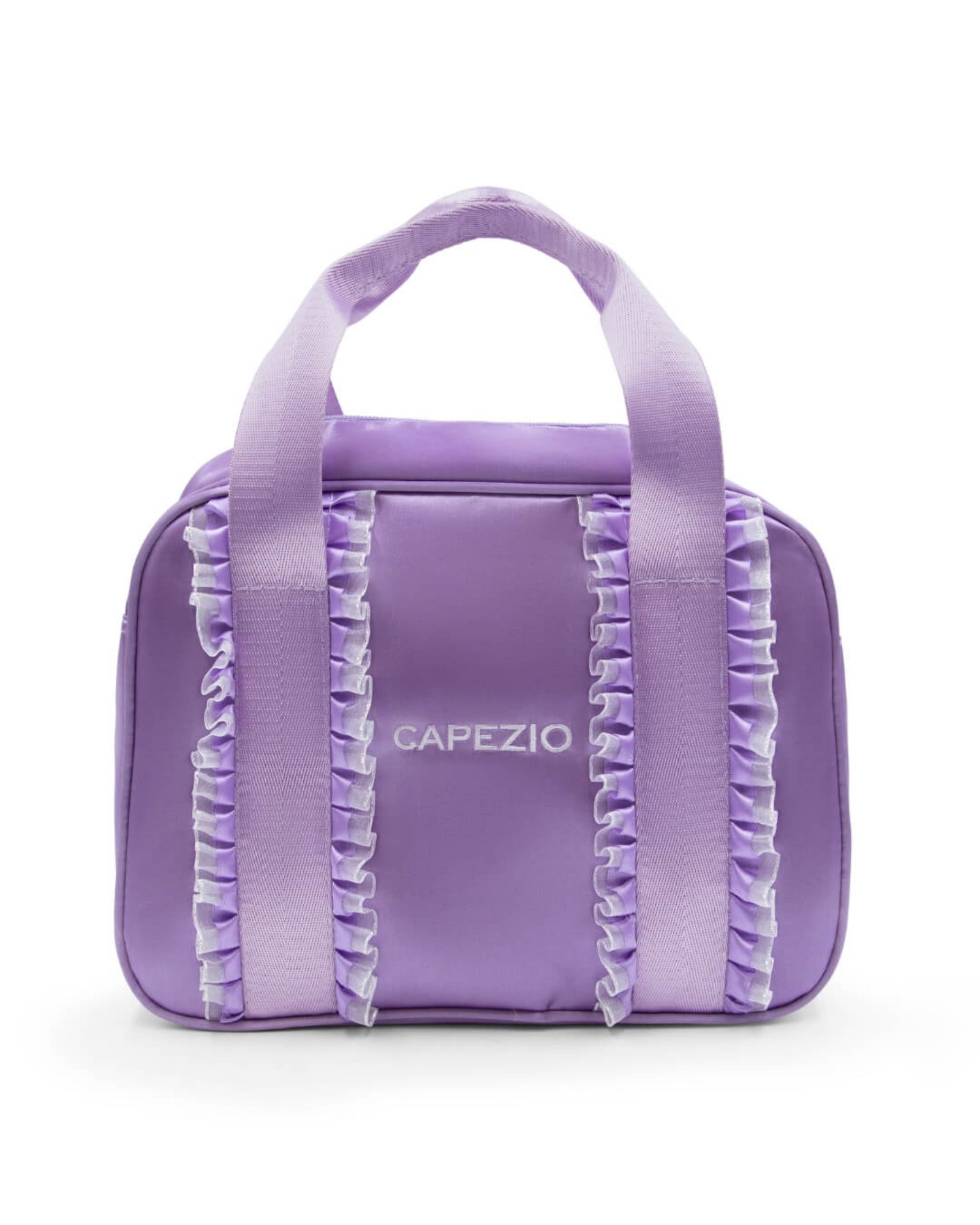 Purple bag with ruffles and 'Capezio' branding on a white background