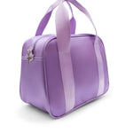 Purple duffel bag with a handle on a white background
