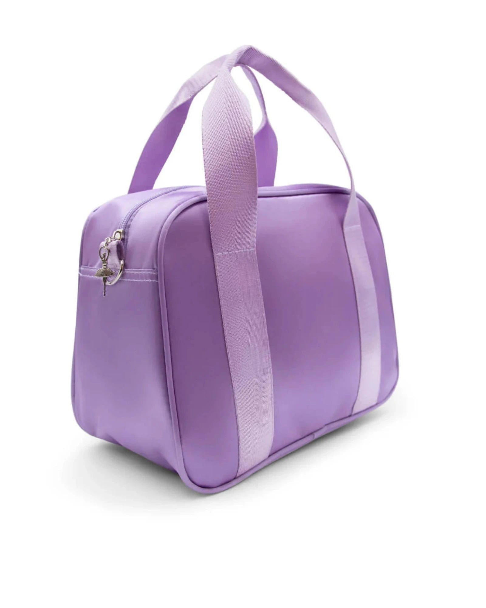 Purple duffel bag with a handle on a white background