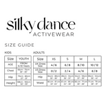 A size guide table for Silky Dance Activewear, showing measurements for Kids (Youth and Adult) and Adults (XS, S, M, L) including age ranges, chest, US dress size, hip, and height in centimeters and inches.
