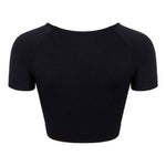 A black short-sleeve crop top with short sleeves and a wide boat neckline, shown against a plain white background.