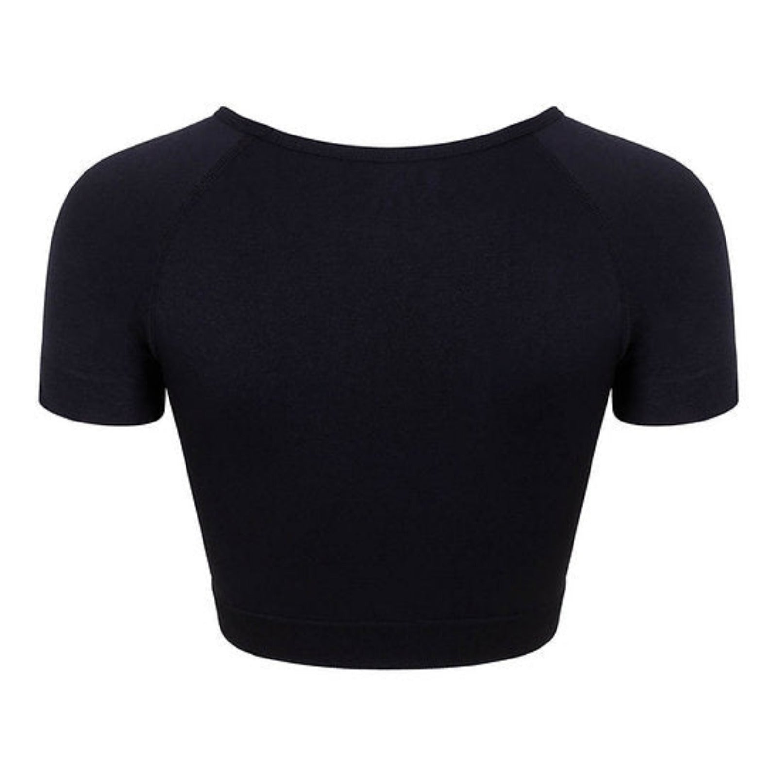 A black short-sleeve crop top with short sleeves and a wide boat neckline, shown against a plain white background.