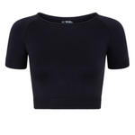 A black short-sleeve crop top with short sleeves and a wide boat neckline, shown flat against a solid white background.