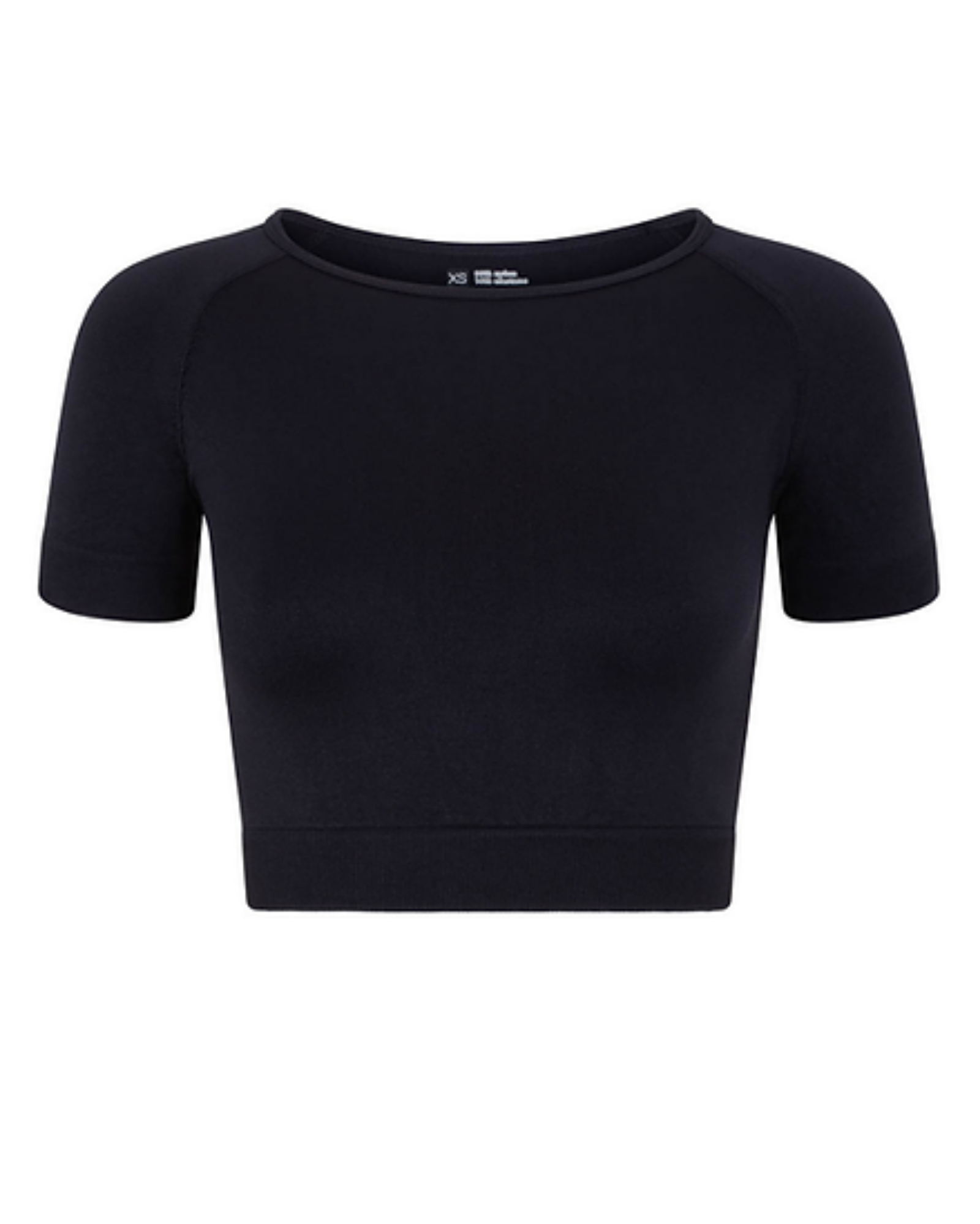 A black short-sleeve crop top with short sleeves and a wide boat neckline, shown flat against a solid white background.