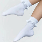 White socks with ruffles on a light gray background