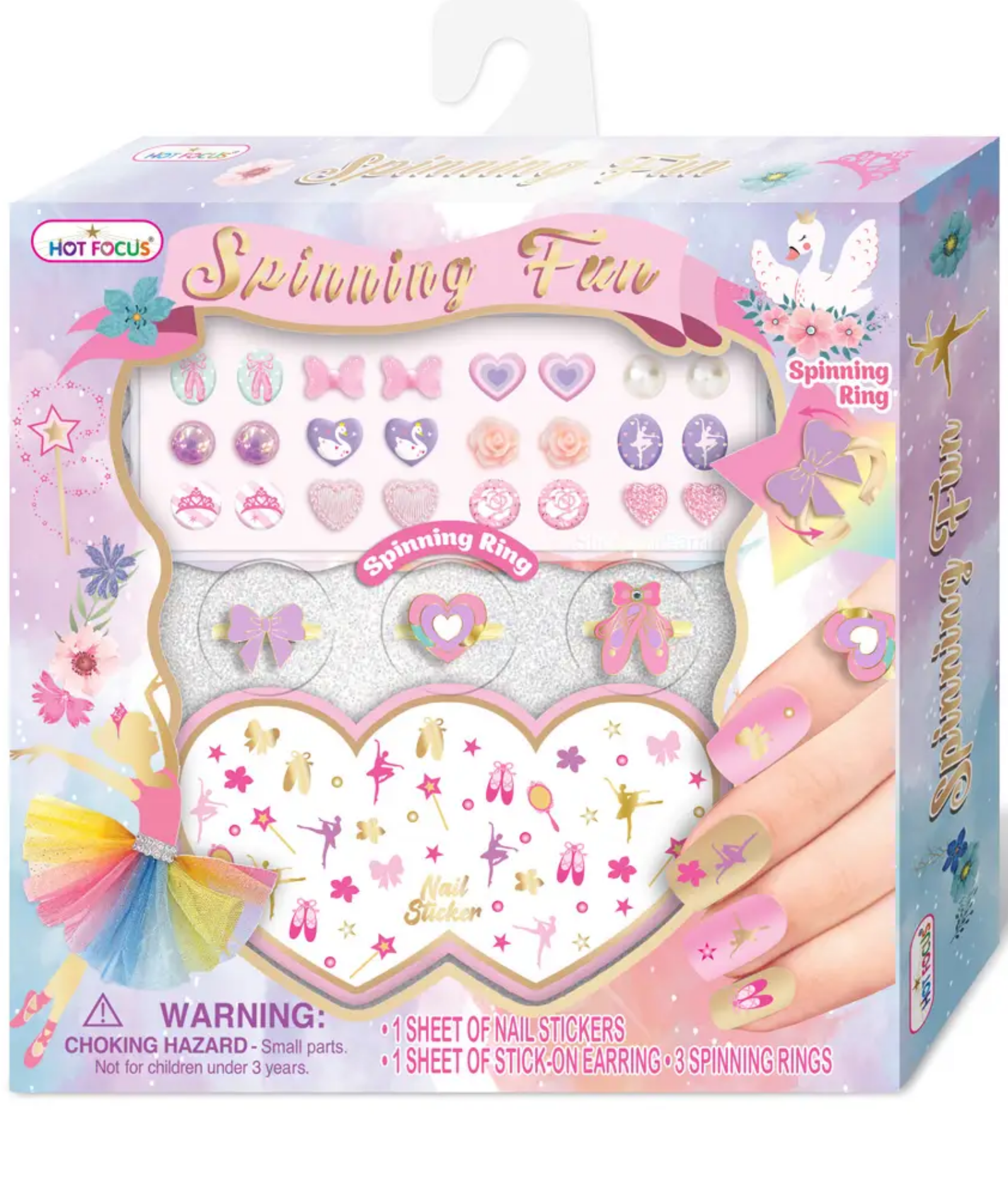 Box of Hot Focus Spinning Fun nail art set with colorful design and fairy illustration.