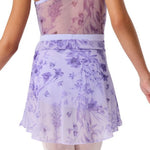 Lavender floral leotard with sheer lavender floral skirt on a white background