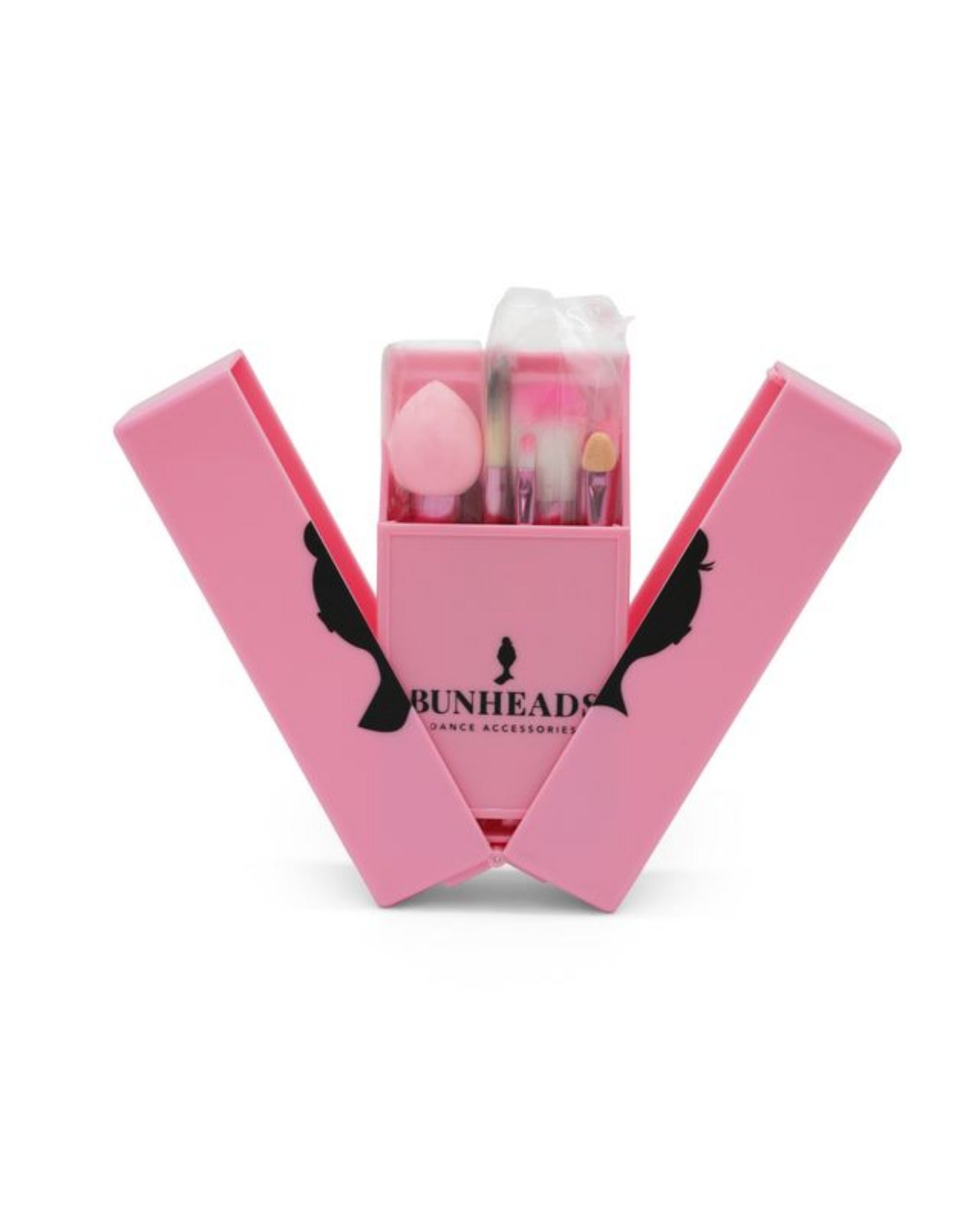 Pink Bunhead brand box with make up tools on a white background