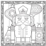 Black and white nutcracker coloring page with intricate line art, featuring a decorated nutcracker, ornaments, and an ornate border.