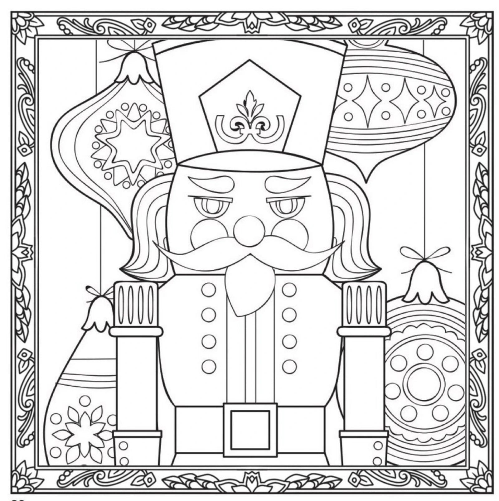 Black and white nutcracker coloring page with intricate line art, featuring a decorated nutcracker, ornaments, and an ornate border.