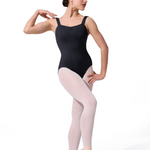 Ballerina wearing a black leotard and pink tights on a white background