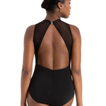 A woman shown from the back wearing a black leotard with a sheer mesh open back design, set against a plain white background.