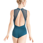 A female dancer shown from the back wearing a teal blue leotard with a sheer mesh open back, set against a solid white background.