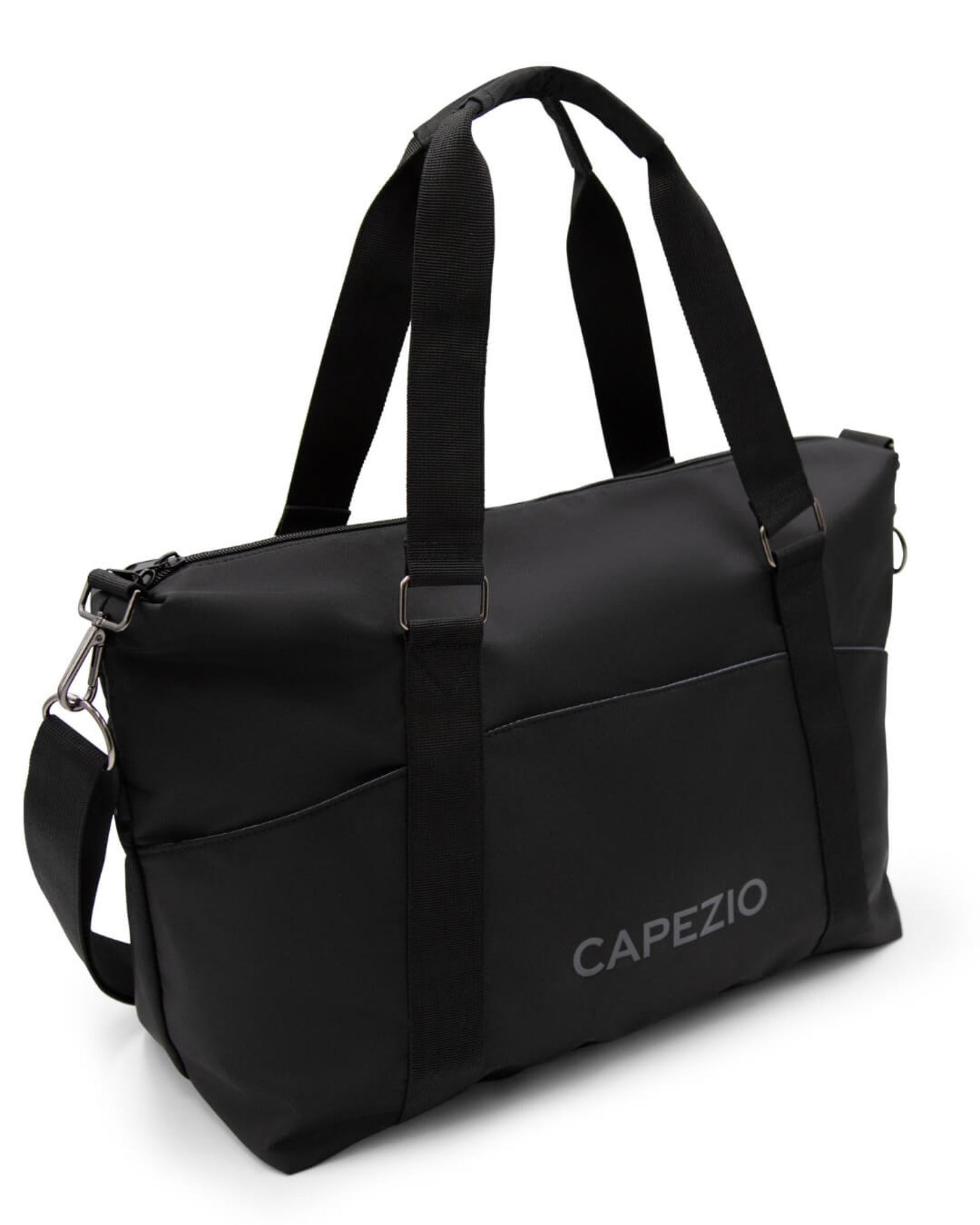 Black duffel bag with 'Capezio' branding on a white background