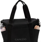 Black duffel bag with Capezio branding on a white background