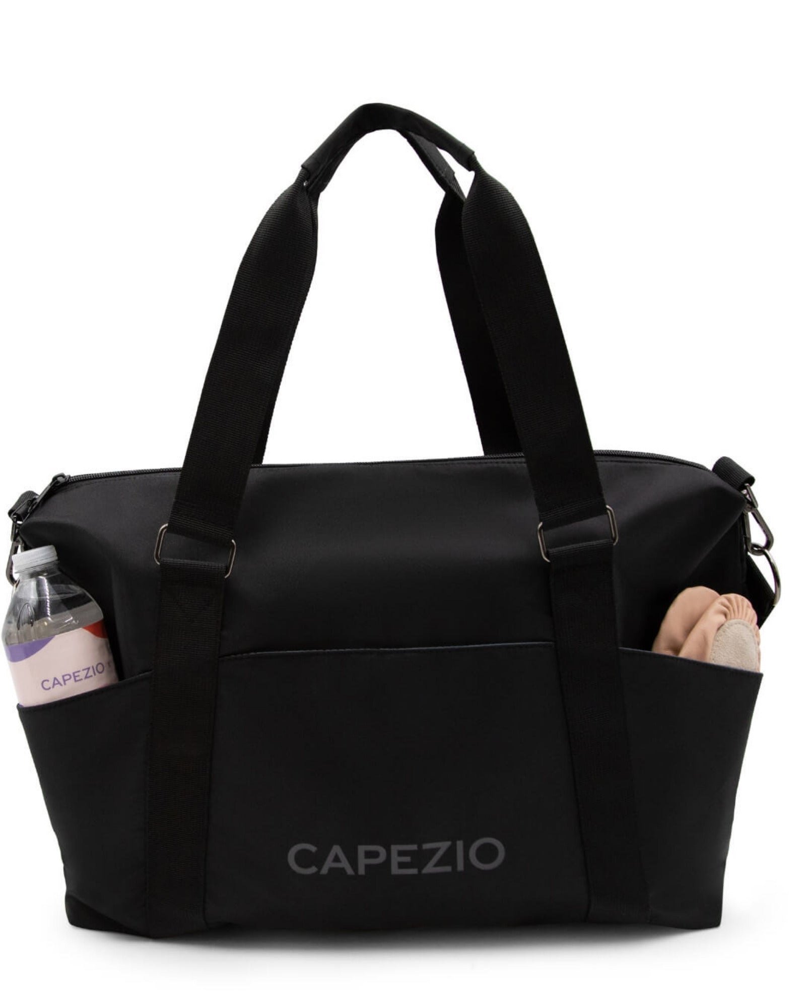 Black duffel bag with Capezio branding on a white background