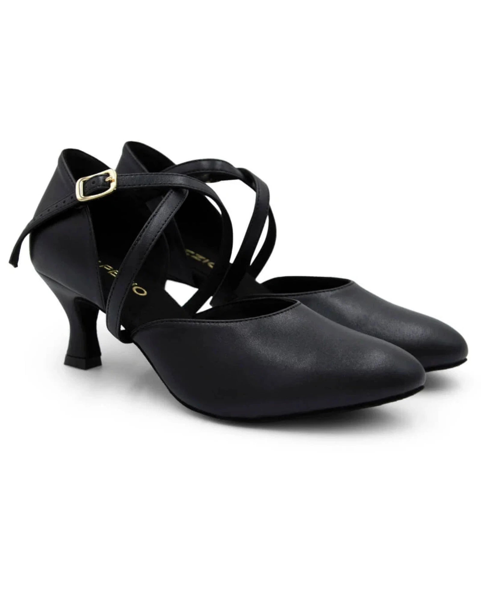 Pair of black dance shoes with a small heel on a white background