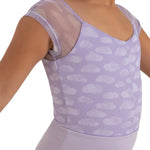 A child wearing a lavender leotard with a white cloud pattern and sheer mesh cap sleeves, shown against a plain white background.