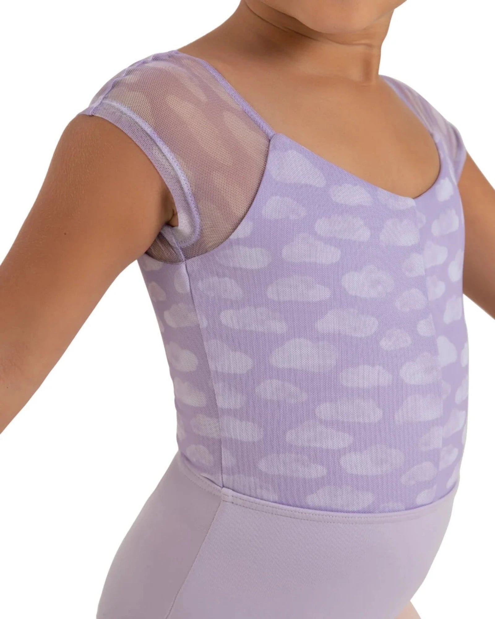 A child wearing a lavender leotard with a white cloud pattern and sheer mesh cap sleeves, shown against a plain white background.