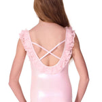 Pink ballet leotard with ruffled straps on a white background
