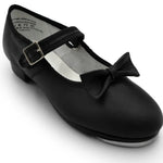 Black tap shoe with a bow on a white background