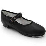 Black tap shoe with a strap on a white background