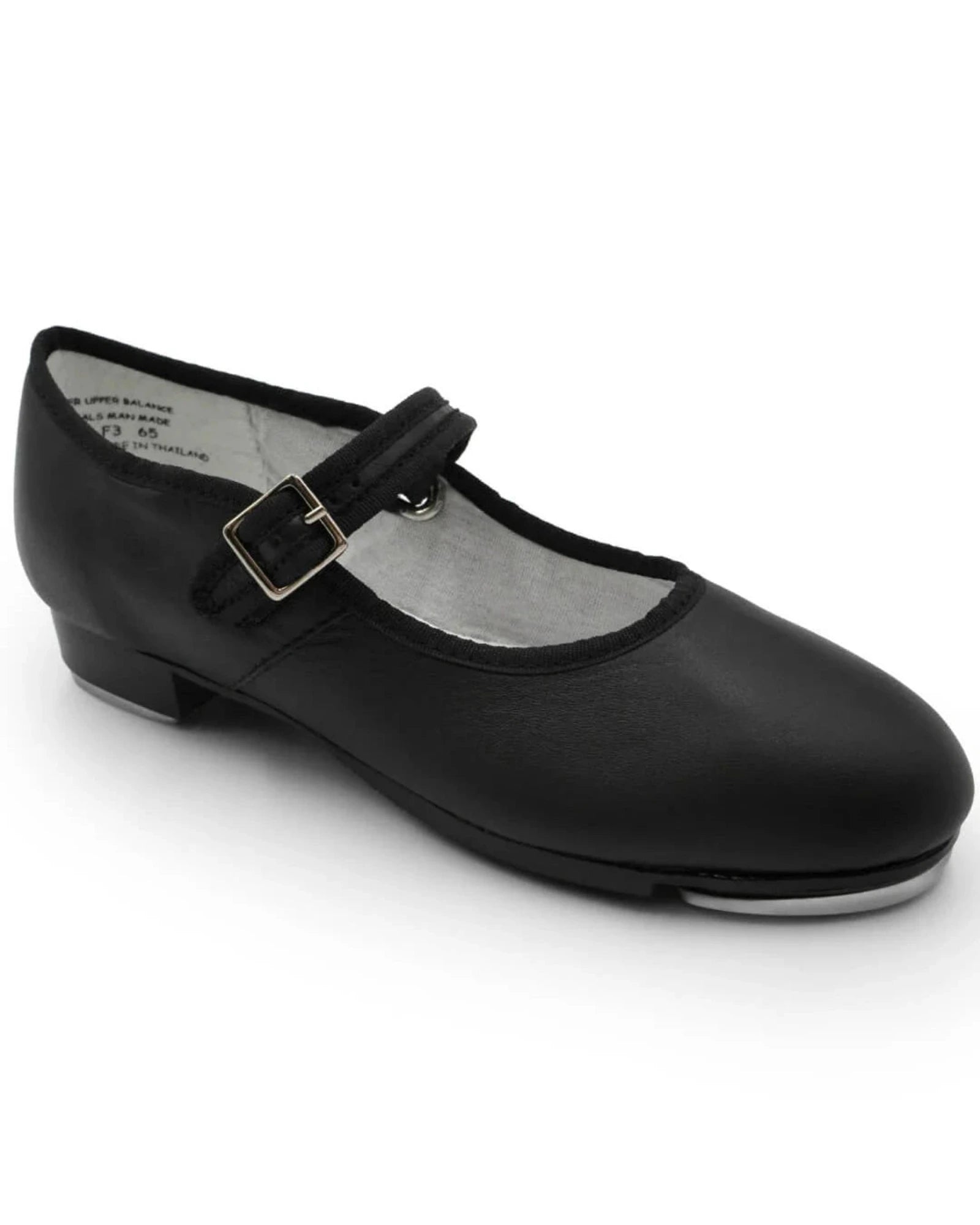 Black tap shoe with a strap on a white background
