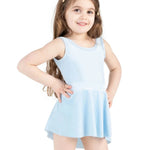 A young girl with long brown hair wearing a light blue sleeveless dance leotard dress, posing with hands on hips against a solid white background.