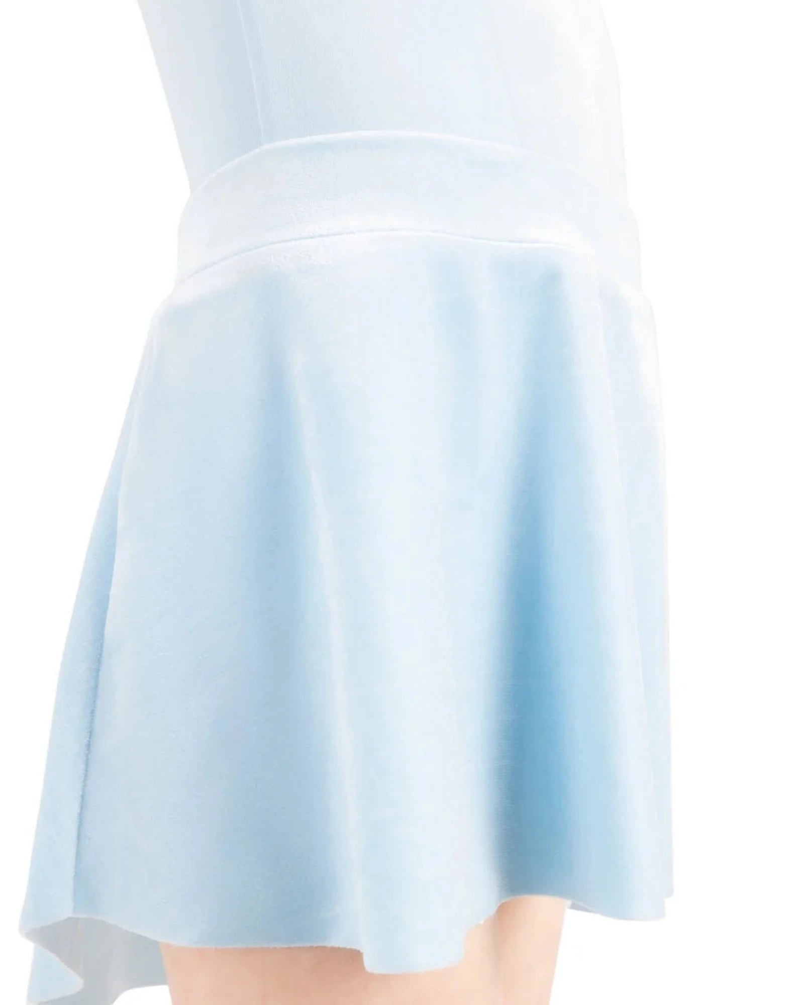 A close-up of a light blue flared skirt with a matching light blue top or bodice, shown against a plain white background.