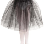 Black tulle skirt on a mannequin against a white background
