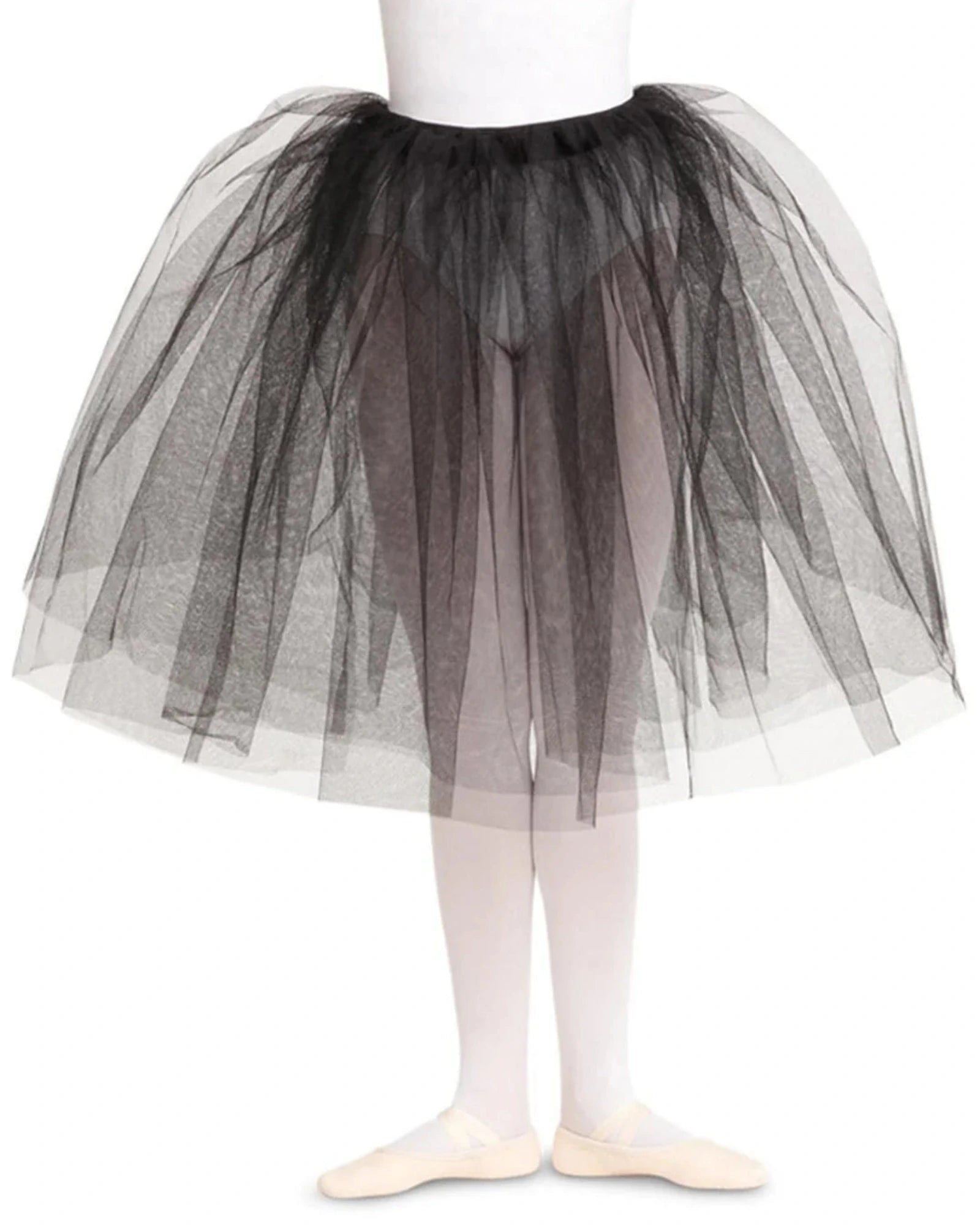 Black tulle skirt on a mannequin against a white background