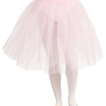 A light pink tulle tutu skirt shown on a child's lower body with white tights and pale pink ballet slippers against a plain white background.